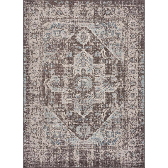 BoutiqueRugs Peeta Boho Oriental Medallion Area Rug - Farmhouse Traditional Floral Carpet for Living Room, Bedroom, Dining Room - Faded Vintage Look - Brown, Beige, Blue - 5'2" x 7'
