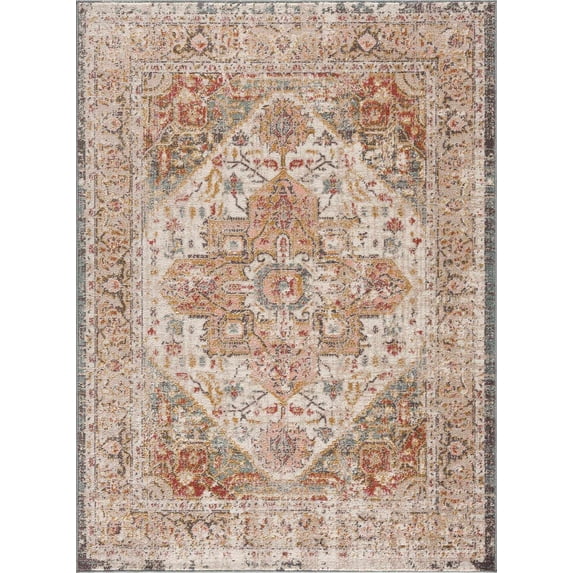 BoutiqueRugs Peeta Boho Oriental Medallion Area Rug - Farmhouse Traditional Floral Carpet for Living Room, Bedroom, Dining Room - Faded Vintage Look - Cream, Pink, Blush - 6'7" x 9'