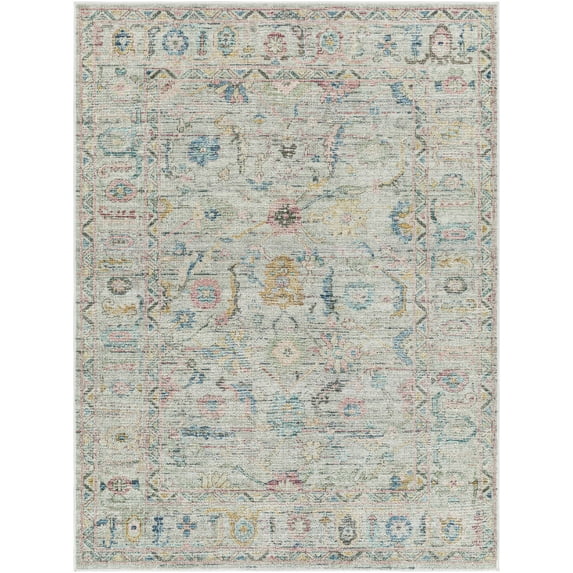 BoutiqueRugs Perla Bohemian Vintage Area Rug - Oriental Fade Look Floral Carpet for Living Room, Bedroom - Machine Washable - Blue, Sage, Pink - 5'3" x 7' (5x7)