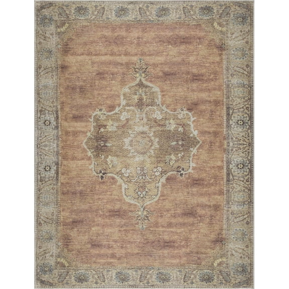 BoutiqueRugs Powhatan Traditional Area Rug - Machine Washable - Camel, Dark Brown, Light Sage - 6'7" x 9'