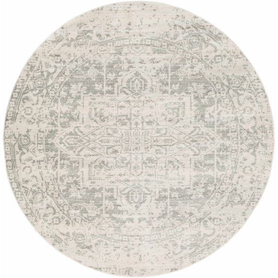 BoutiqueRugs Rachel Bohemian Vintage Medallion Area Rug - Farmhouse Oriental Floral Carpet for Living Room, Bedroom, Dining Room - Charcoal, Gray, White - 5'3" Round