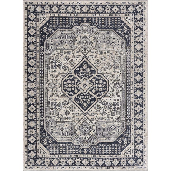 BoutiqueRugs Rebe Traditional Medallion Area Rug - Oriental Floral Performance Rug for Living Room, Bedroom - Machine Washable - Black, Sage, Cream - 7'10" x 10' (8x10)