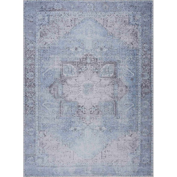 BoutiqueRugs Rosman Farmhouse Area Rug - Machine Washable - Sky Blue, Gray, Cream - 5'3" x 7'3"
