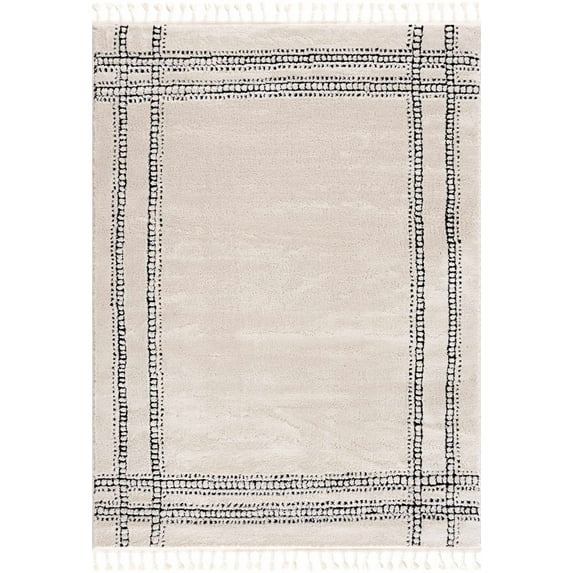Boutique Rugs Ryuu Bordered High Pile Area Rug - Bone, Black - 6'7" x 9'