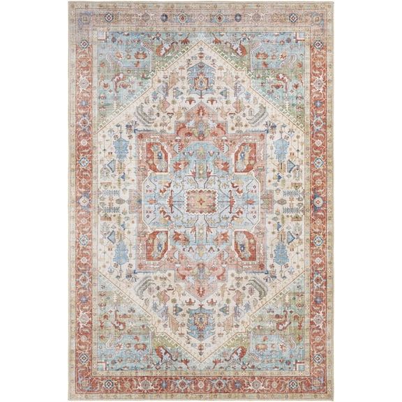 BoutiqueRugs Selbyville Boho Vintage Colorful Area Rug - Farmhouse Traditional Medallion Carpet for Living Room, Bedroom, Dining Room - Peach, Olive, Green, Sage, Blue, Rust - 3'6" x 5'6"
