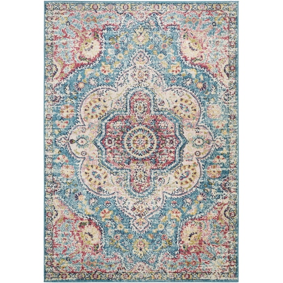 BoutiqueRugs Sharnbrook Oriental Medallion Area Rug - Farmhouse Traditional Floral Carpet for Living Room - Navy, Sky Blue, Dark Pink - 5'3" x 7'7" (5x7)