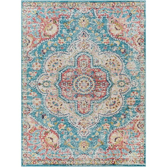 BoutiqueRugs Sharnbrook Oriental Medallion Area Rug - Farmhouse Traditional Floral Carpet for Living Room - Navy, Sky Blue, Dark Pink - 2' x 2'11"