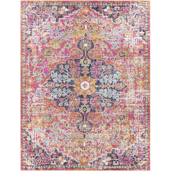 BoutiqueRugs Shueyville Oriental Medallion Area Rug - Farmhouse Traditional Floral Carpet for Living Room -Magenta, Mustard, Teal - 5'3" x 7'3" (5x7 Area Rugs)