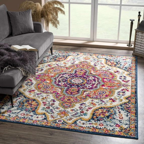 BoutiqueRugs Simsbury Oriental Medallion Area Rug - Farmhouse Traditional Floral Carpet for Living Room - Navy, Fuchsia, Gray - 6'7" Square