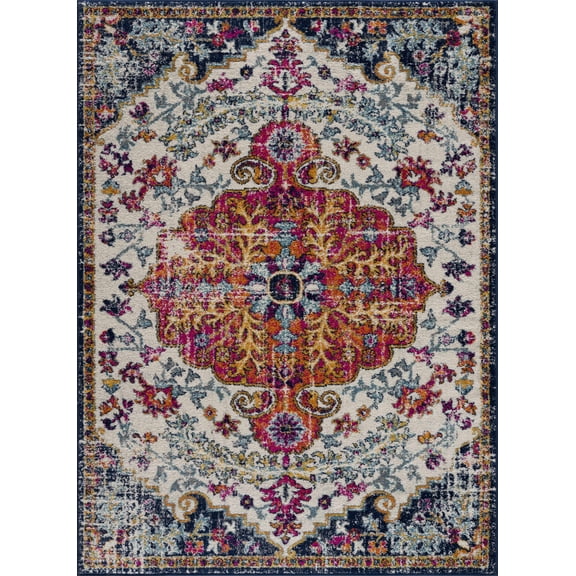 BoutiqueRugs Simsbury Oriental Medallion Large Area Rug - Farmhouse Traditional Floral Carpet for Living Room - Navy, Fuchsia, Gray - 7'10" x 10'2" (8x10 Area Rug)