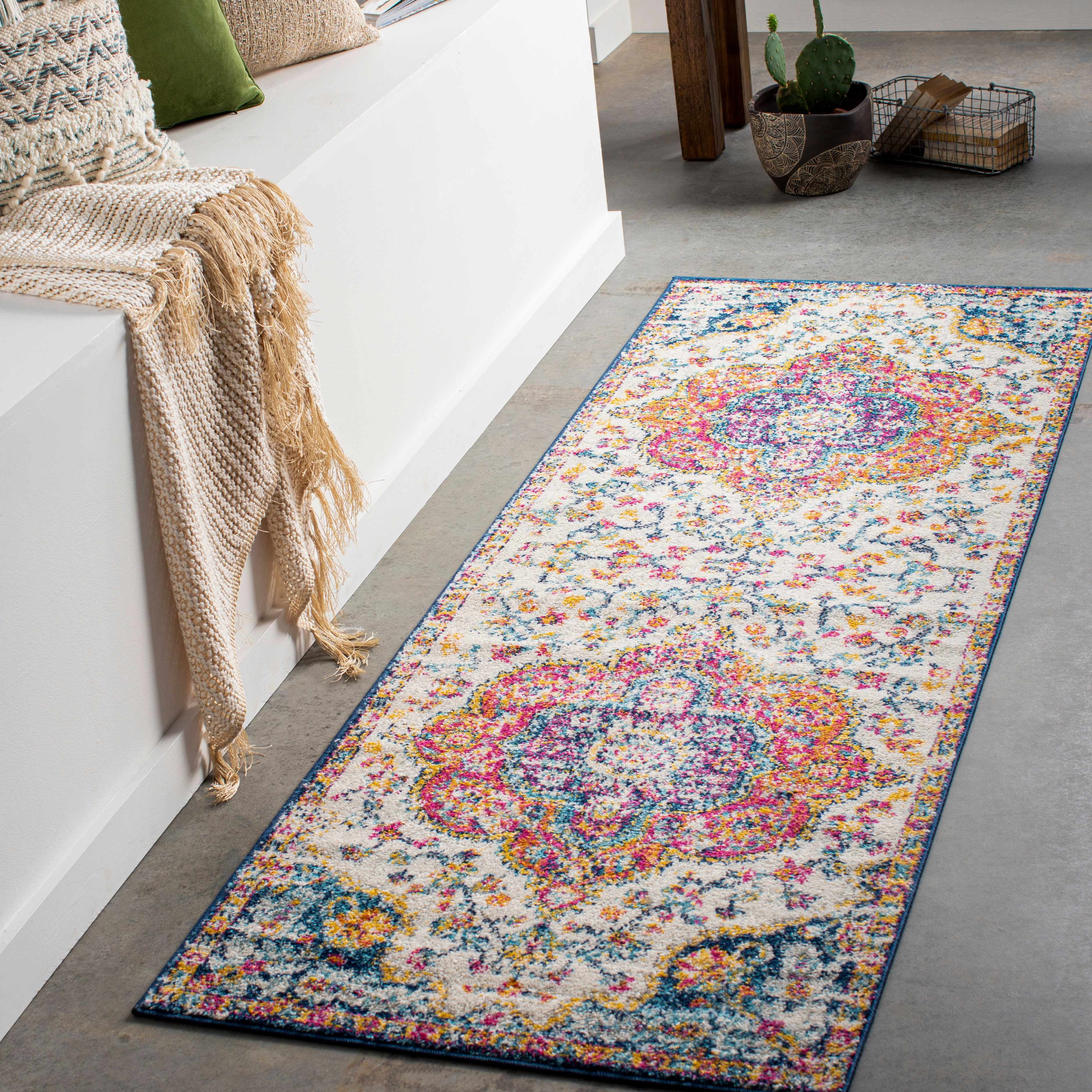 BoutiqueRugs Simsbury Oriental Medallion Runner Rug - Farmhouse Traditional Floral Carpet for Hallway, Kitchen - Navy, Fuchsia, Gray - 2'7" x 7'7" (2x8)
