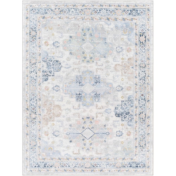 BoutiqueRugs Tana Traditional Area Rug - Machine Washable - Ivory, Medium Gray, Teal - 9'2" x 12'