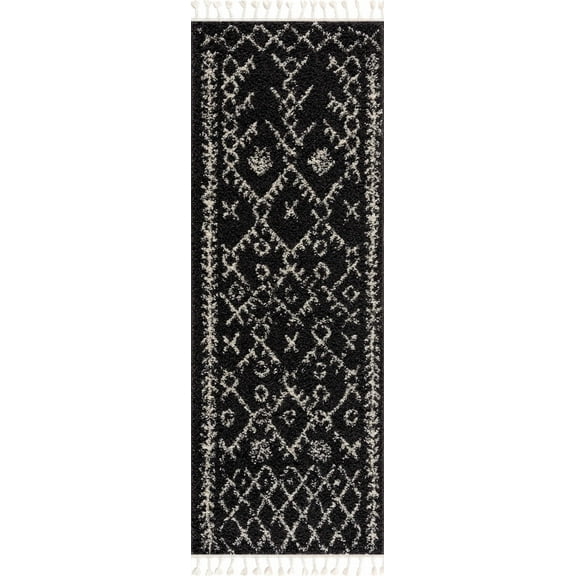 Boutique Rugs Thetford Boho Moroccan Geometric Shag Runner Rug - High Pile Super Soft Carpet with Tassels for Hallway - Charcoal, Cream - 2'7" x 10' Runner