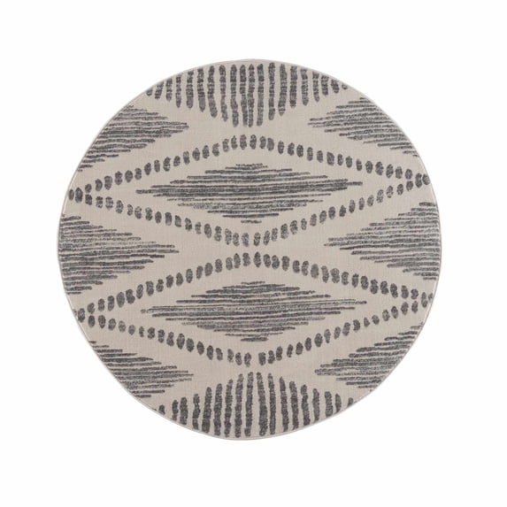 BoutiqueRugs Tigris Farmhouse Moroccan Geometric Area Rug - Boho Aztec Tribal Carpet for Living Room - Gray, Ivory - 5'3" Round