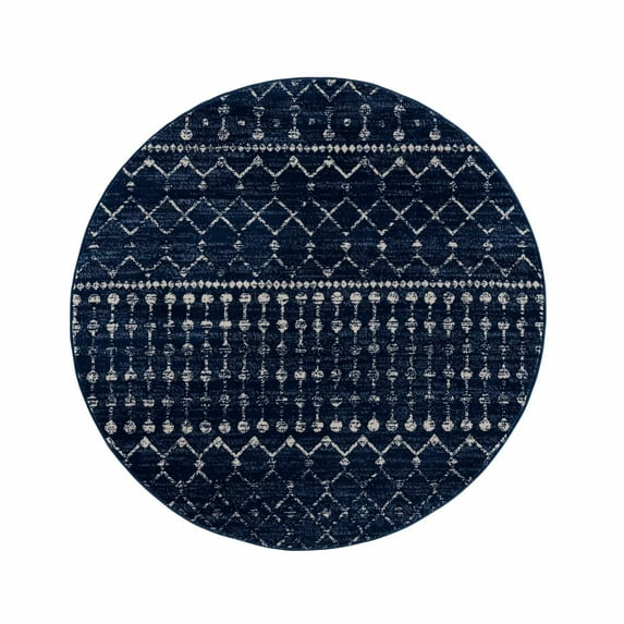 BoutiqueRugs Tigris Navy Moroccan Trellis Area Rug - Blue, Gray, Ivory - 6'7" Round