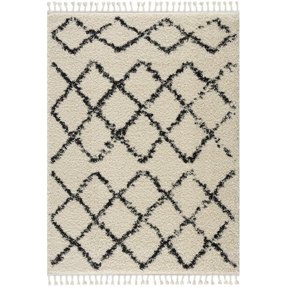 BoutiqueRugs Wallagrass Boho Moroccan Geometric Shag with Tassels for Living Room, Bedroom - Charcoal, Cream 5'3" x 7'3" (5x7)