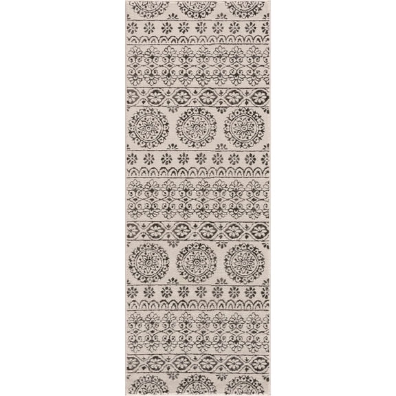 BoutiqueRugs Warroad Farmhouse Black and White Soft Neutral Runner Rug - Boho Oriental Medallion Area Rug for Living Room, Dining Room -Charcoal, Black, Cream - 2'7" x 7'3" (2x8)