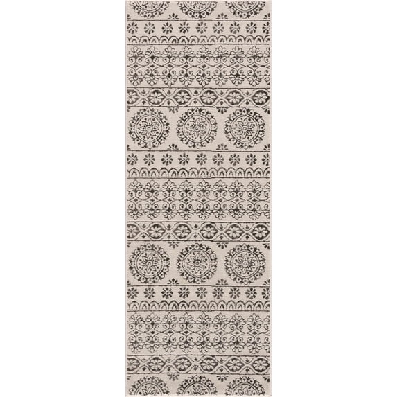 BoutiqueRugs Warroad Farmhouse Black and White Soft Neutral Runner Rug - Boho Oriental Medallion Carpet for Bedroom, Living Room, Dining Room -Charcoal, Black, Cream - 2'7" x 12' Runner