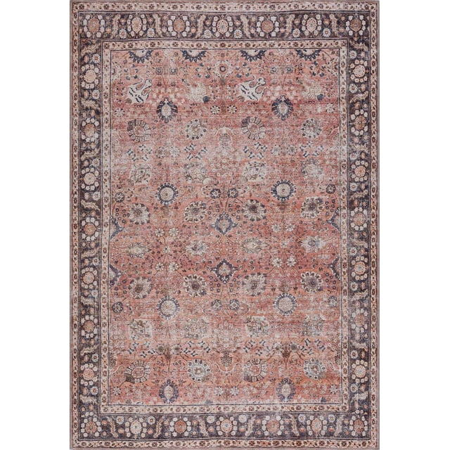 BoutiqueRugs Watchtower Boho Oriental Damask Patterned Rug -Traditional Floral Carpet for Living Room, Bedroom - Machine Washable - Pink, Peach, Red - 6'7" x 9' (6x9)