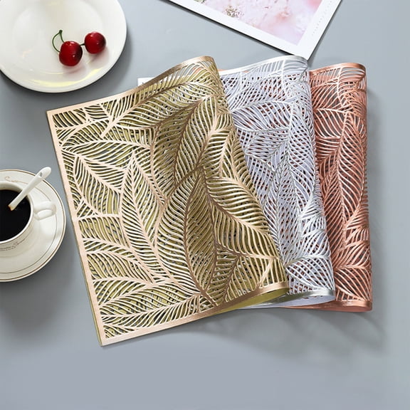 Boutique Sales Today Clearance Kitchen Mat Creative Rectangle PVC Placemat with Gold Foil, Heat- and Leaf-shaped Design, Perfect for Dining Table, Tea Cup, Western-style Dinner Mat