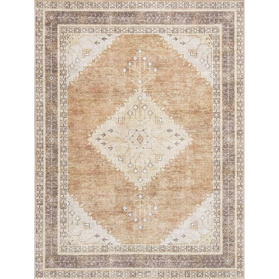 BoutiqueRugs Albas Bohemian Vintage Medallion Area Rug - Oriental Bordered Carpet for Living Room, Bedroom - Machine Washable - Brown, Cream, Orange, Peach - 2'7" x 4'