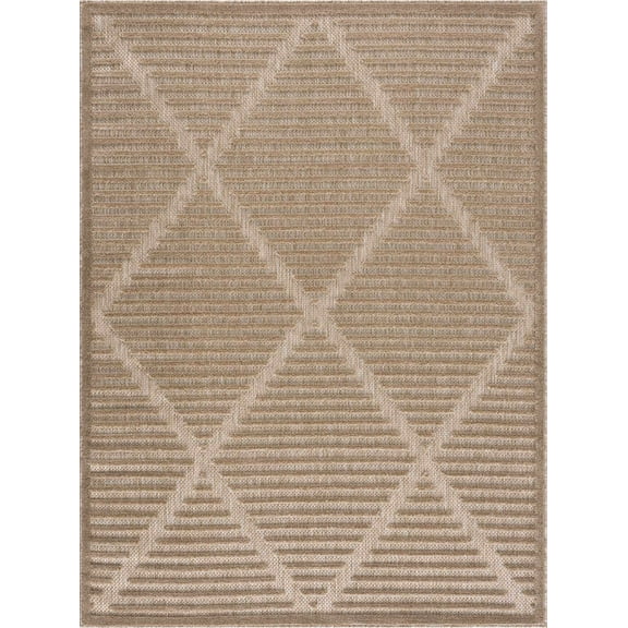 BoutiqueRugs Anah Geometric Indoor Outdoor Rug - Boho High Low Textured Area Rug - Performance Carpet for Patio, Living Room - High Traffic - Tan, Brown, Dark Beige - 6'7" x 9' (6x9)