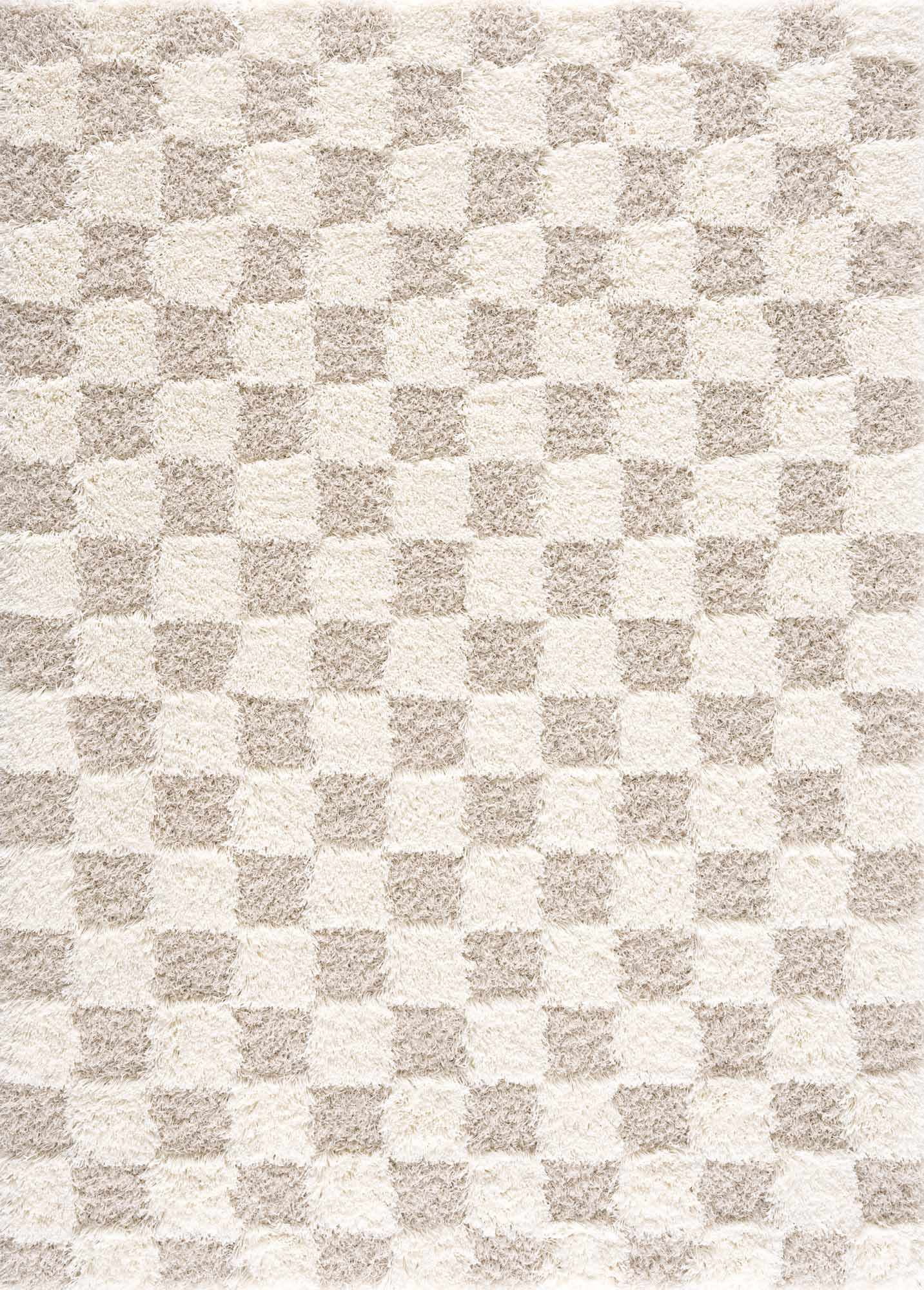 Light Brown and Cream Checkered Shag Area Rug 6'7" x 9'6"