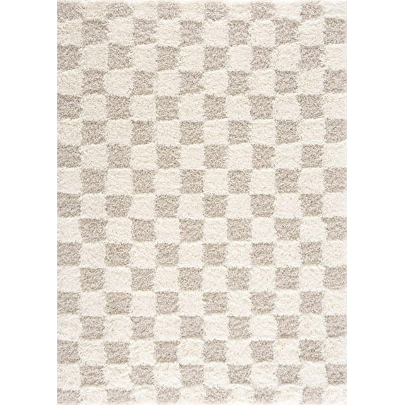 "Boutique Rugs Plush Durable Modern Checkered Shag Area Rug - Beige, Cream, White - 6'7"" x 9'6"""