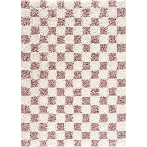 BoutiqueRugs Atira Modern Checkered Shag Area Rug - High Pile Fluffy Shaggy Carpet for Kids Room, Nursery, Living Room - Pink, Cream, White, Blush, Rose - 5'3" x 7'3" (5x7)
