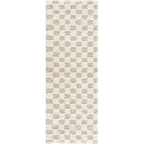 BoutiqueRugs Atira Modern Checkered Shag Runner Rug - High Pile Fluffy Shaggy Carpet - Kids Room, Hallway, Kitchen, Bathroom - Beige, Cream, White - 2'7" x 7'3" (2x8)