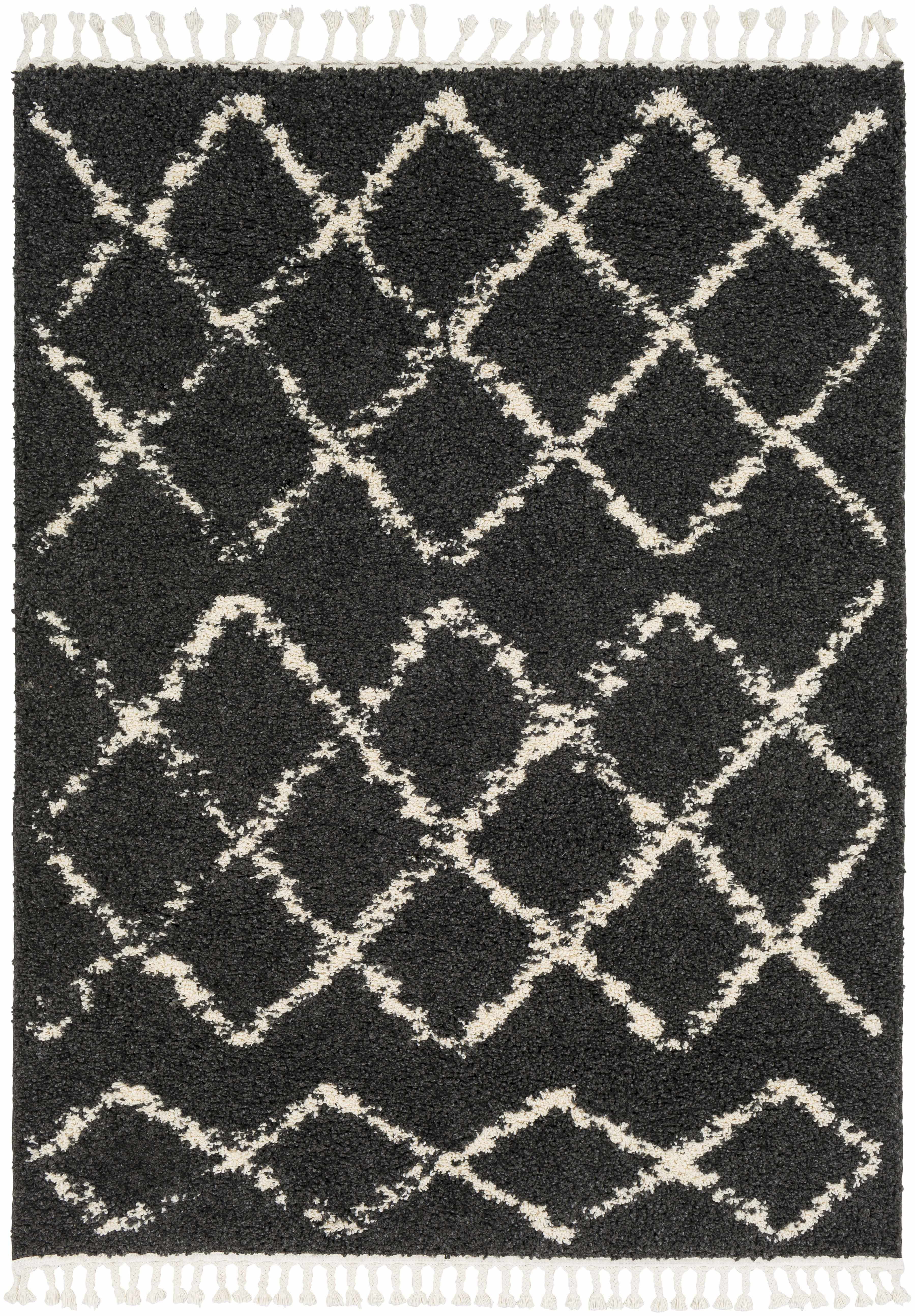 BoutiqueRugs Ayden Black Trellis Shag with Tassels Area Rug - Charcoal, Peach - 3'11" x 5'7"