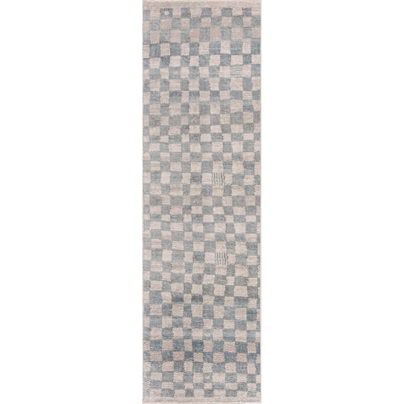 BoutiqueRugs Benjy Light Blue Checkered Runner Rug - Cream, Silver Blue - 2'7" x 10' Runner