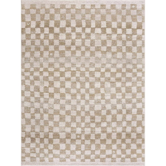 BoutiqueRugs Benjy Modern Checkered Area Rug - Contemporary Geometric Carpet for Living Room, Bedroom, Kids Room, Nursery - Cream, Gold - 6'7" x 9' (6x9)