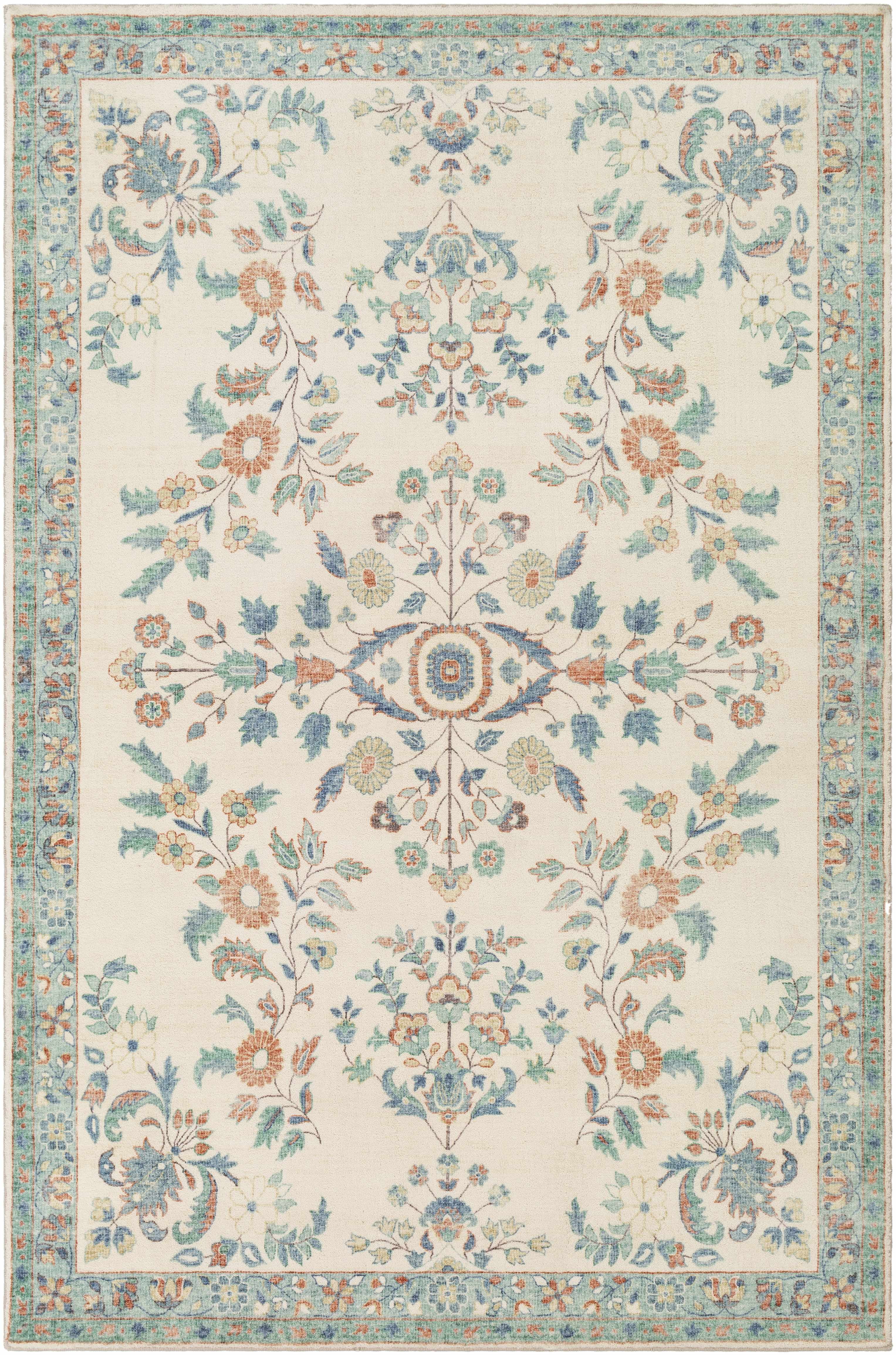 Blue and Cream Floral Synthetic Stain-Resistant Area Rug