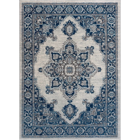 BoutiqueRugs Blue Medallion Traditional Ivory 5x7 Area Rug Navy Istanbul Living Room Bedroom Dining Room Home Office Apartment 5'3" x 7'3" Stain Resistant Non-Shedding Pet Friendly