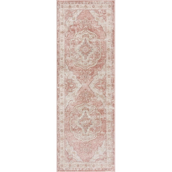 BoutiqueRugs Blush & Light Pink Collection Kandos Bohemian Oriental Medallion Runner Rug - Traditional Floral Carpet for Hallway, Kitchen - Blush, Dusty Pink, Cream - 2'7" x 7'3" (2x8 Runner Rug)