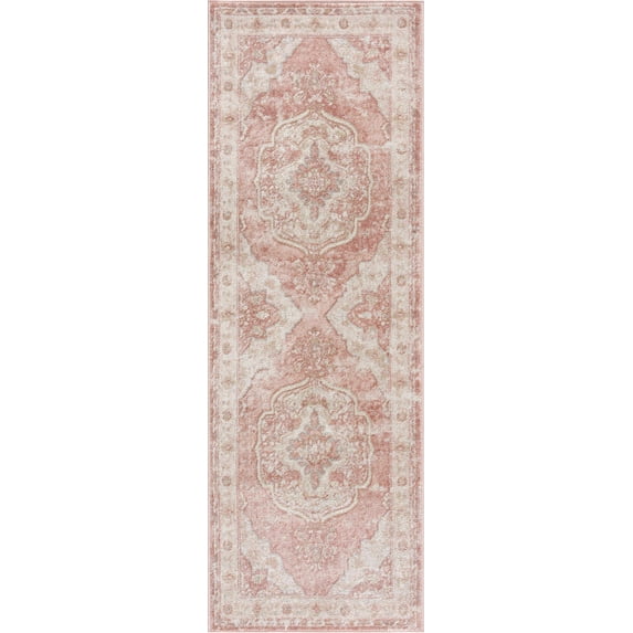 BoutiqueRugs Blush & Light Pink Collection Kandos Bohemian Oriental Medallion Runner Rug - Traditional Floral Carpet for Hallway, Kitchen - Blush, Dusty Pink, Cream - 2'7" x 7'3" (2x8 Runner Rug)
