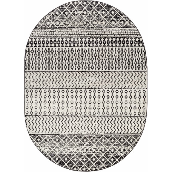 BoutiqueRugs Constantinople Farmhouse Moroccan Geometric Area Rug - Boho Aztec Tribal Carpet for Living Room - Black, Gray, Light Gray - 6'7" Oval Rug