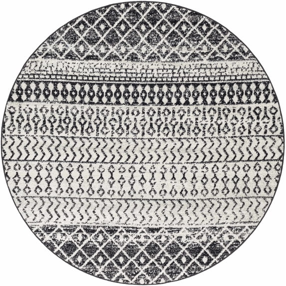 BoutiqueRugs Constantinople Farmhouse Moroccan Geometric Area Rug - Boho Aztec Tribal Carpet for Living Room - Black, Gray, Light Gray - 5'11" Round