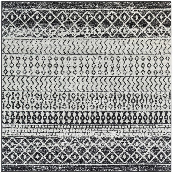 BoutiqueRugs Constantinople Farmhouse Moroccan Geometric Area Rug - Boho Aztec Tribal Carpet for Living Room - Black, Gray, Light Gray - 5'11" Square