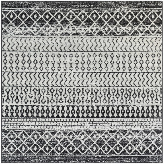 BoutiqueRugs Constantinople Farmhouse Moroccan Geometric Area Rug - Boho Aztec Tribal Carpet for Living Room - Black, Gray, Light Gray - 5' Square
