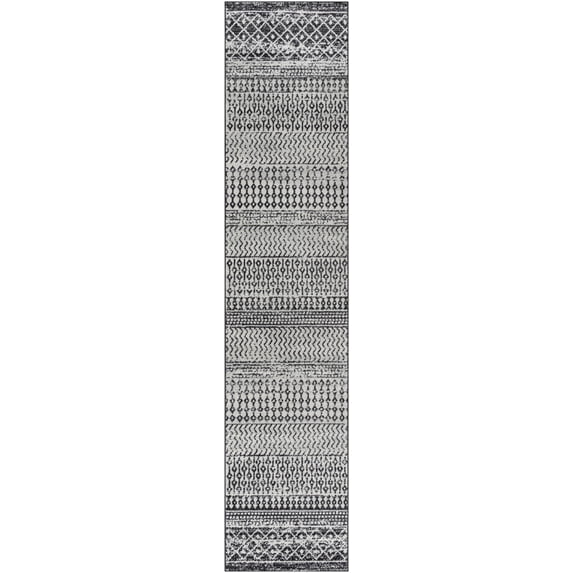 BoutiqueRugs Constantinople Farmhouse Moroccan Geometric Runner Rug - Boho Aztec Tribal Carpet for Hallway, Kitchen - Black, Gray, Light Gray - 2'7" x 20' Runner
