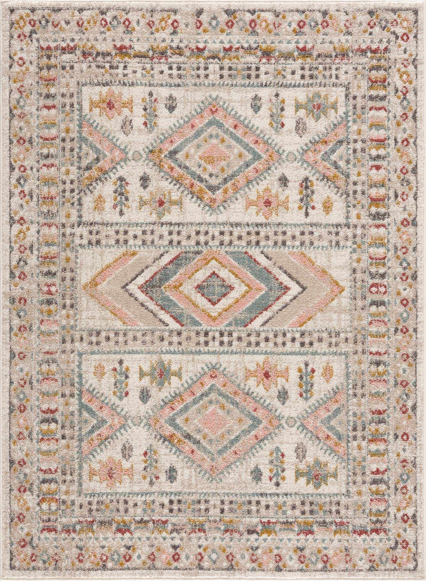 Sky Blue and Dusty Pink Traditional Rectangular Area Rug