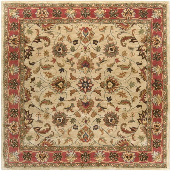 BoutiqueRugs Dresher Boho Hand Tufted Wool Natural Fiber Soft Area Rug - Traditional Floral Damask Carpet for Living Room, Bedroom - Tan, Rust, Olive - 6' Square