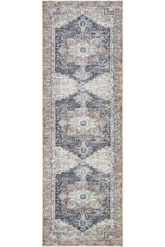 BoutiqueRugs Edan Traditional Medallion Runner Rug - Machine Washable - Beige, Light Brown, Navy - 2'7" x 16' Runner
