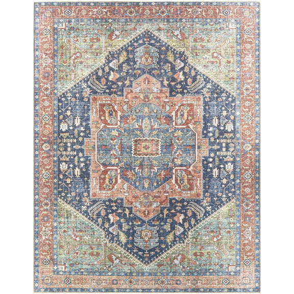 BoutiqueRugs Exira Colorful Medallion Area Rug - Machine Washable - Blue, Brick Red, Camel - 2' x 2'11"