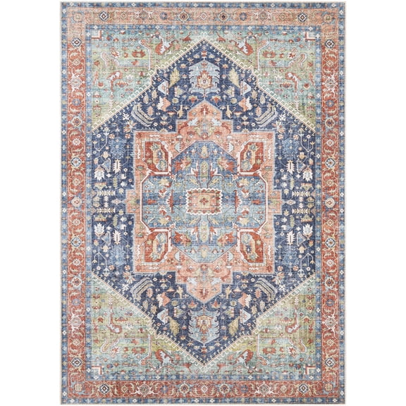 BoutiqueRugs Exira Colorful Medallion Area Rug - Machine Washable - Blue, Brick Red, Camel - 8'10" x 12'