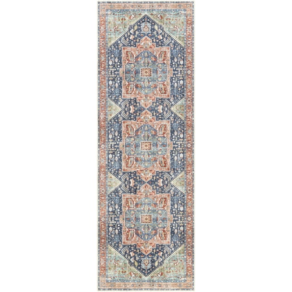 BoutiqueRugs Exira Colorful Medallion Runner Rug - Machine Washable - Blue, Brick Red, Camel - 2'7" x 16' Runner