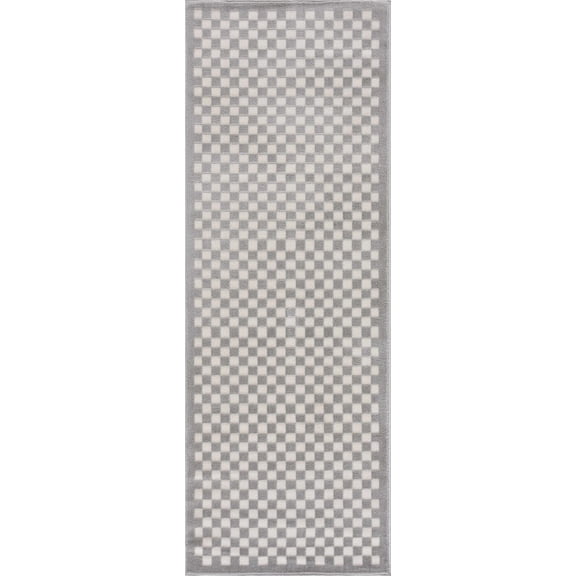 BoutiqueRugs Washable Gray Checkered 7ft Runner Rug Contemporary Off White Gaiwan Hallway Kitchen Corridor Stairway Laundry Room 2'7" x 7'3" Easy Clean Stain Resistant