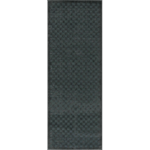 BoutiqueRugs Washable Blue Checkered 10ft Runner Rug Contemporary Gaiwan Hallway Kitchen Corridor Stairway Laundry Room 2'7" x 10' Easy Clean Stain Resistant